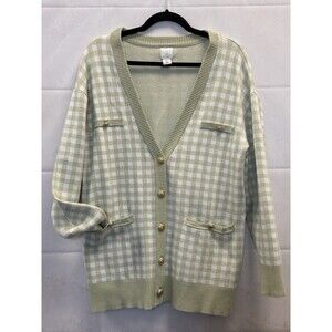 Joie Sage Green Gingham Button Front Cardigan Sweater Gold Buttons Pockets Large